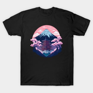 Symmetrical Japanese Pagoda, Mountain and Flowers T-Shirt